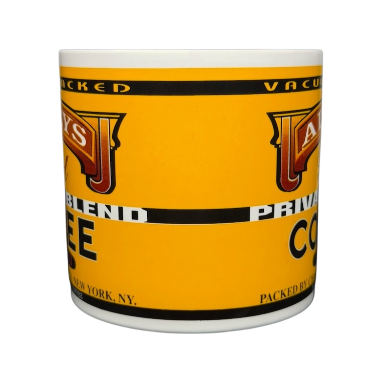 Westwood vintage Always Good coffee mug in bright yellow with classic coffee label design