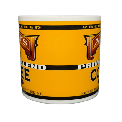 Westwood vintage Always Good coffee mug in bright yellow with classic coffee label design