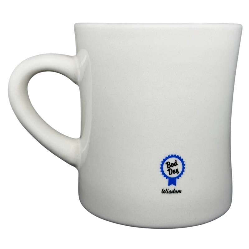 Vintage Bad Dog Wisdom Assess Risk & Reward mug in white ceramic with blue logo