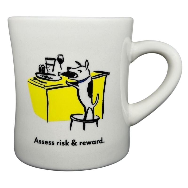 Vintage Bad Dog Wisdom Assess Risk & Reward mug with playful dog illustration and yellow background