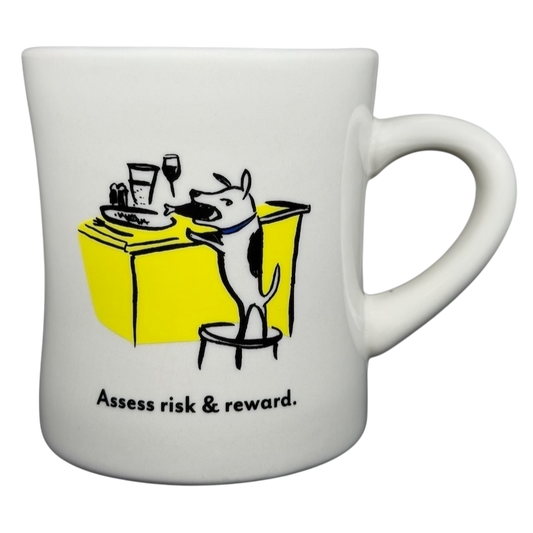 Vintage Bad Dog Wisdom Assess Risk & Reward mug with playful dog illustration and yellow background
