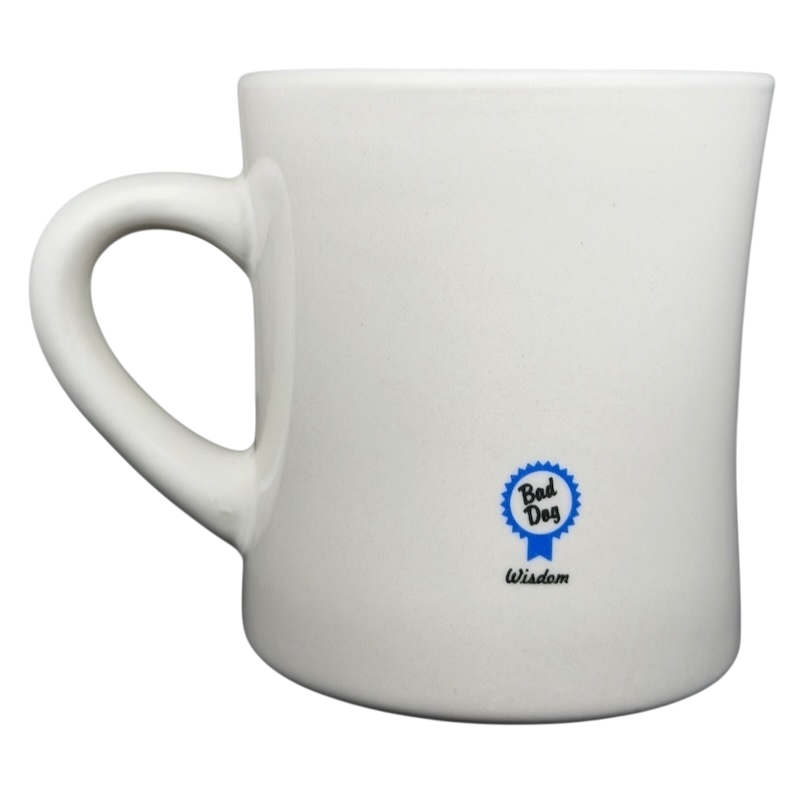 Vintage Bad Dog Wisdom Defy Authority mug in white ceramic with simple design