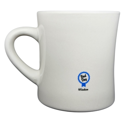 Vintage Bad Dog Wisdom Defy Authority mug in white ceramic with simple design