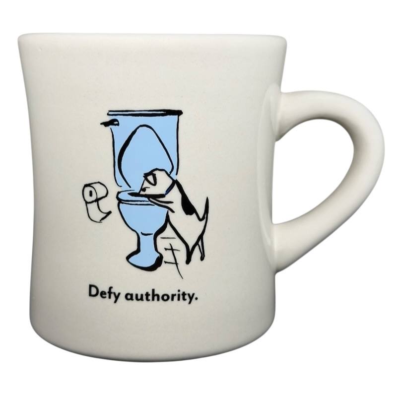 Vintage Bad Dog Wisdom Defy Authority mug featuring a humorous dog illustration