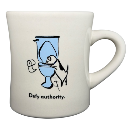 Vintage Bad Dog Wisdom Defy Authority mug featuring a humorous dog illustration