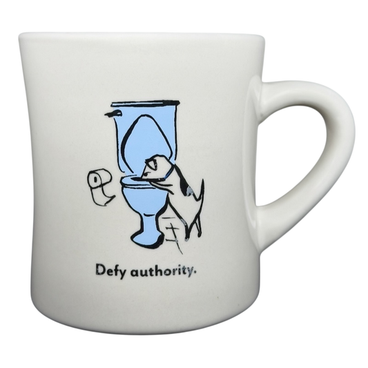 Vintage Bad Dog Wisdom Defy Authority mug featuring a playful dog near a toilet