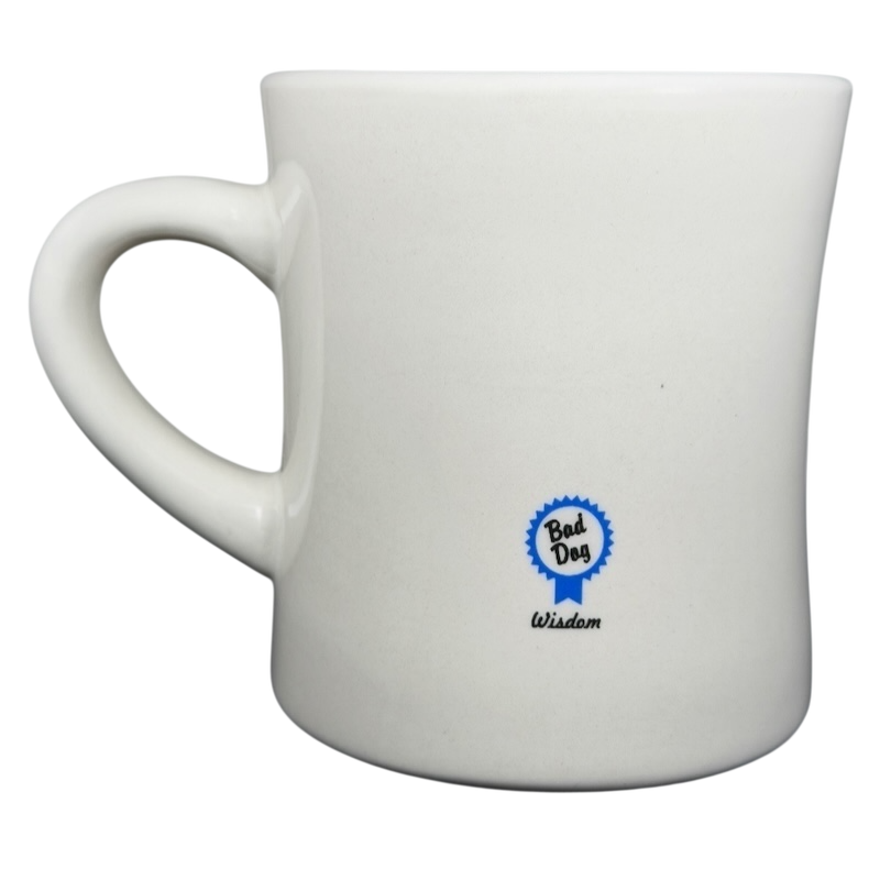 Vintage Bad Dog Wisdom Learn To Bluff mug with simple white design and blue accents