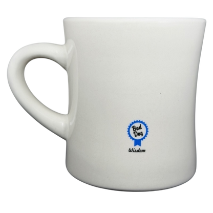 Vintage Bad Dog Wisdom Learn To Bluff mug with simple white design and blue accents