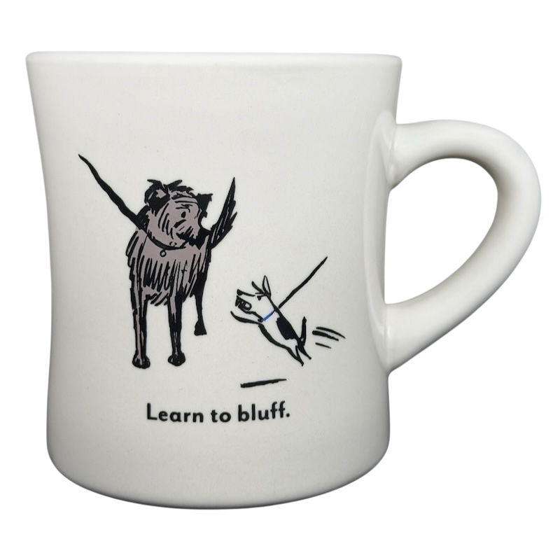 Vintage Bad Dog Wisdom Learn To Bluff mug with playful dog illustration and humorous text