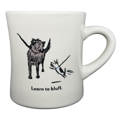 Vintage Bad Dog Wisdom Learn To Bluff mug with playful dog illustration and humorous text