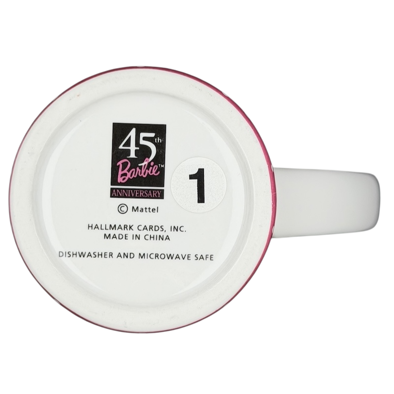 Hallmark vintage Barbie 45th accessories mug with pink rim and dishwasher safe design