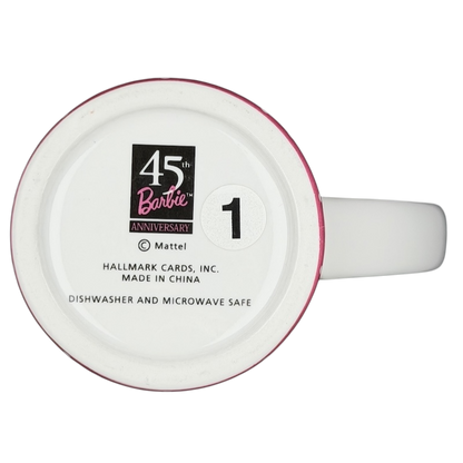 Hallmark vintage Barbie 45th accessories mug with pink rim and dishwasher safe design