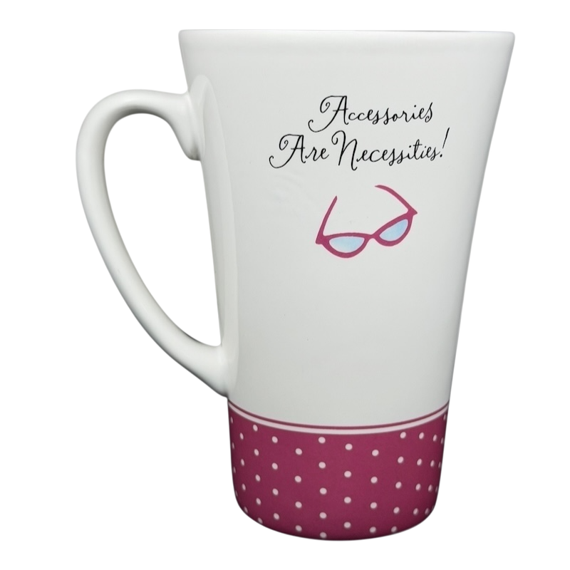 Hallmark vintage Barbie 45th accessories mug with pink polka dots and stylish glasses design
