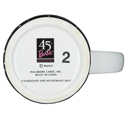Bottom view of vintage Barbie 45th Buy The Shoes mug with dishwasher and microwave safe label
