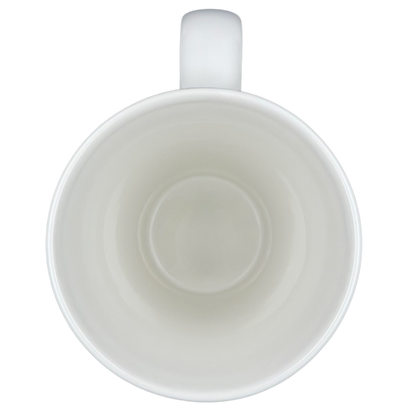 Top view of Hallmark vintage Barbie 45th Buy The Shoes mug in classic white ceramic