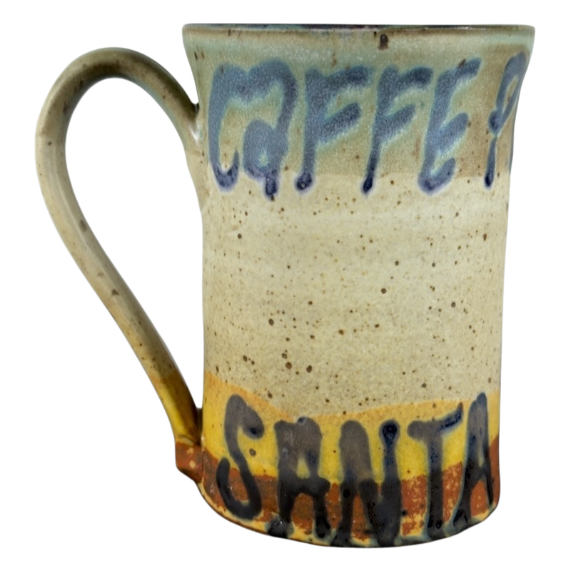 Vintage Caffe Pergolesi mug with speckled beige ceramic and colorful hand-painted lettering