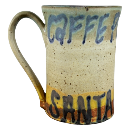 Vintage Caffe Pergolesi mug with speckled beige ceramic and colorful hand-painted lettering