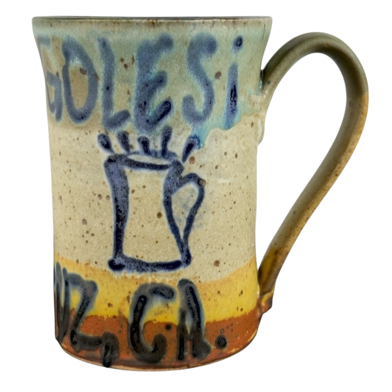 Vintage Caffe Pergolesi mug with hand-painted rustic design and blue lettering on ceramic