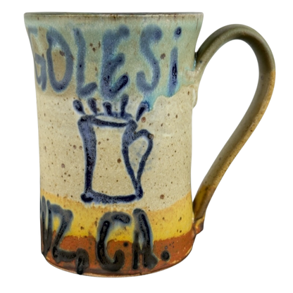 Vintage Caffe Pergolesi mug with hand-painted rustic design and blue lettering on ceramic