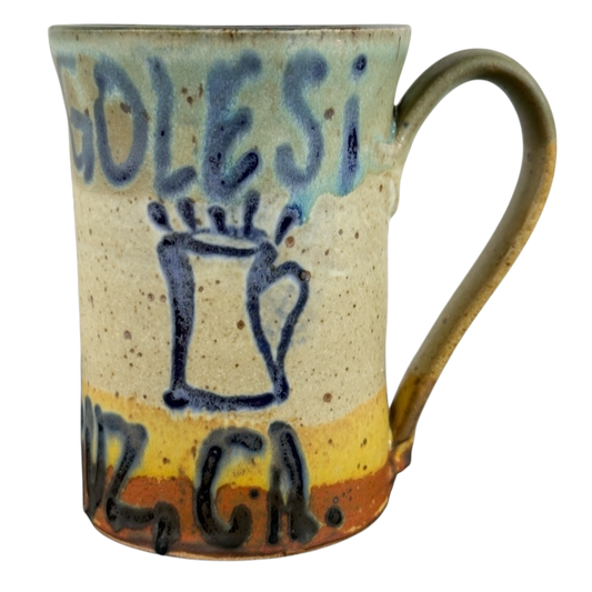 Vintage Caffe Pergolesi mug with hand-painted rustic design and blue lettering on ceramic
