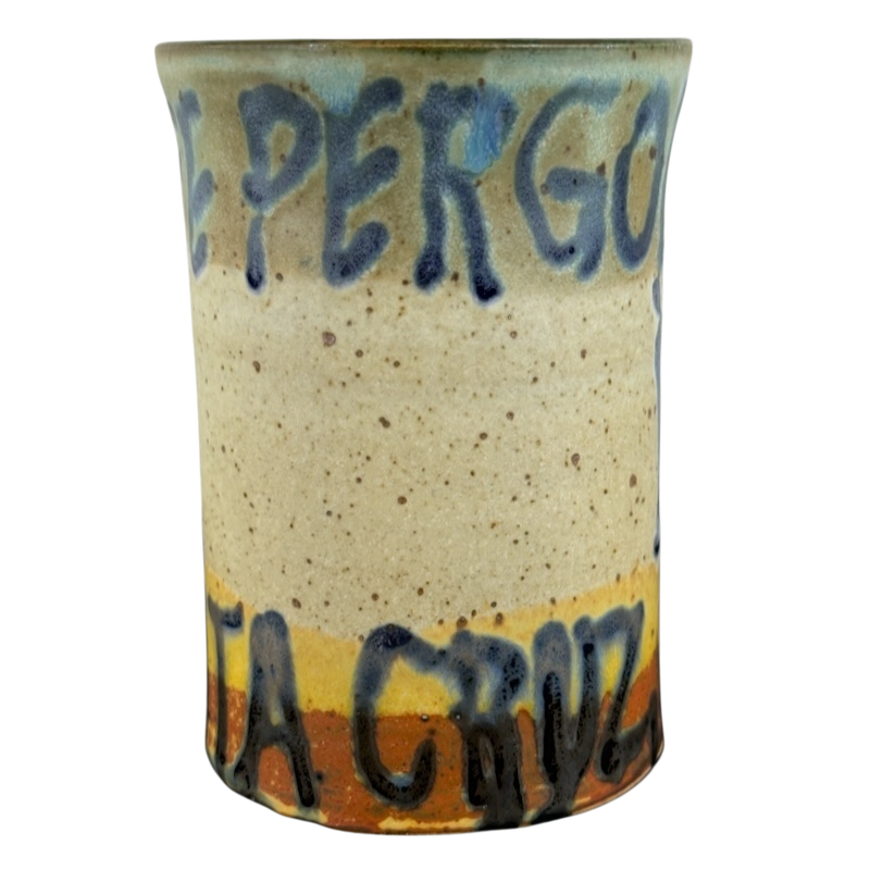 Ceramic vintage Caffe Pergolesi mug with speckled beige glaze and bold hand-painted lettering