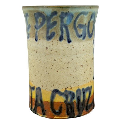 Ceramic vintage Caffe Pergolesi mug with speckled beige glaze and bold hand-painted lettering