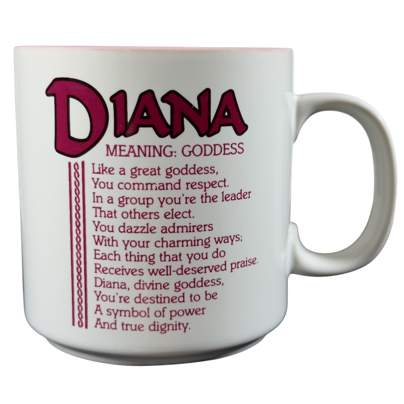 Vintage collectible Diana name mug featuring a description of Diana as a goddess
