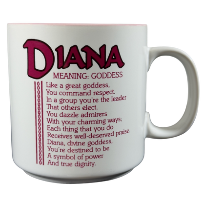 Vintage collectible Diana name mug featuring a description of Diana as a goddess