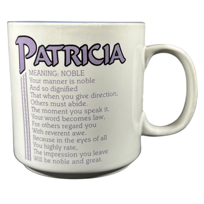 Vintage collectible PATRICIA name mug featuring a noble meaning and elegant design