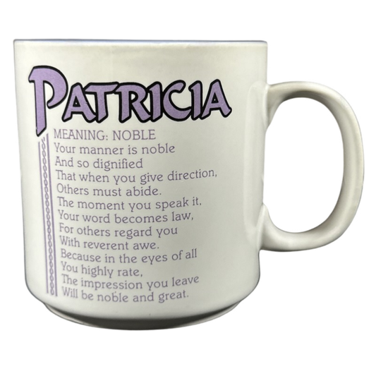 Vintage collectible PATRICIA name mug featuring a noble meaning and elegant design