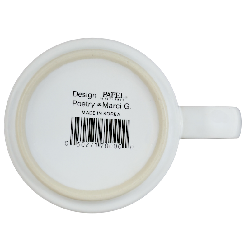Bottom view of vintage collectible RON name mug by Papel with barcode and design details