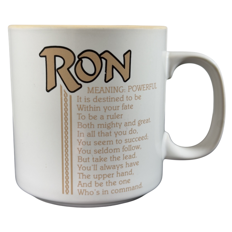 Vintage collectible RON name mug featuring meaning and inspirational quotes about the name Ron
