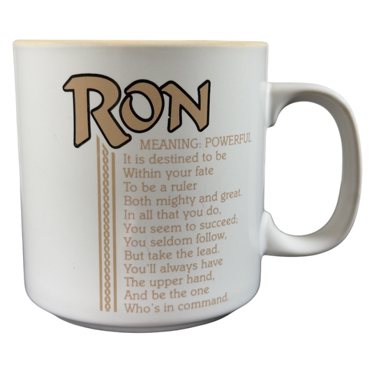 Vintage collectible RON name mug featuring meaning and inspirational quotes about the name Ron