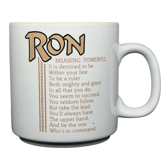 Vintage collectible RON name mug with a poem describing the name and its meaning in elegant typography