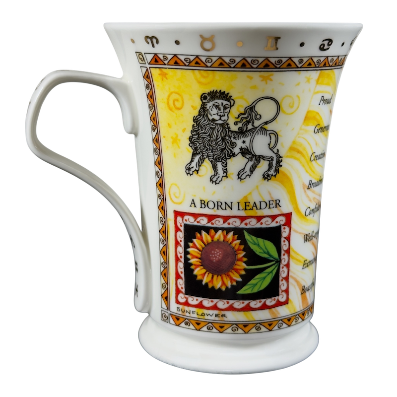 Vintage Dunoon Leo Zodiac mug featuring a lion design and the text A Born Leader