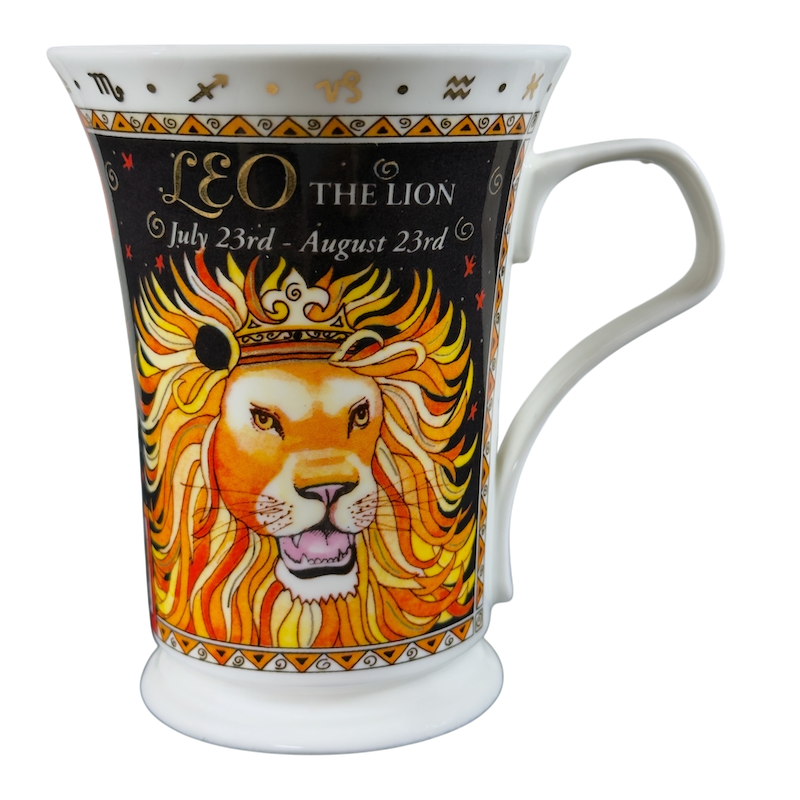 Vintage Dunoon Leo Zodiac mug featuring a vibrant lion design and zodiac dates July 23rd to August 23rd