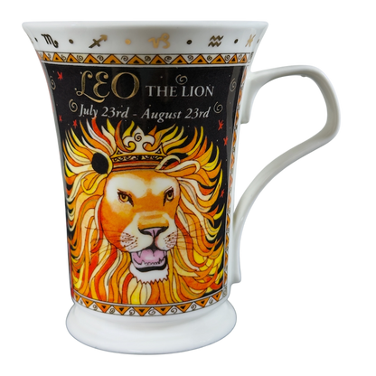 Vintage Dunoon Leo Zodiac mug featuring a vibrant lion design and zodiac dates July 23rd to August 23rd