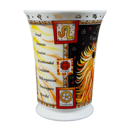 Vintage Dunoon Leo Zodiac mug with colorful lion design and personality traits listed