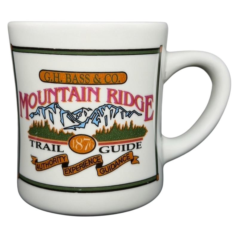 Vintage G.H. Bass mountain ridge mug featuring colorful mountain and trail guide design