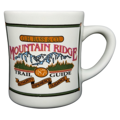 Vintage G.H. Bass mountain ridge mug featuring colorful mountain and trail guide design