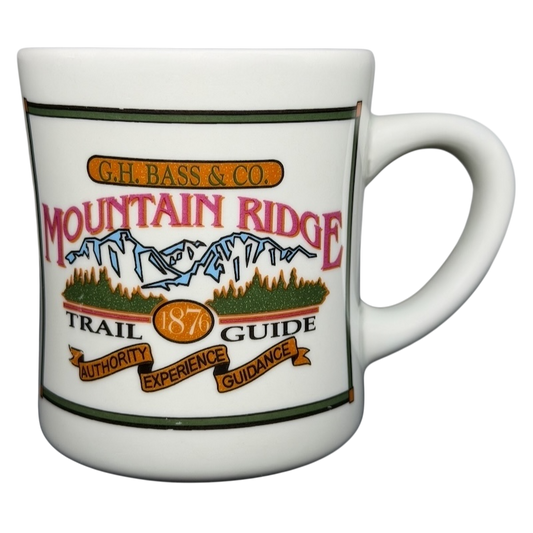 Vintage G.H. Bass mountain ridge mug featuring colorful mountain and trail guide design