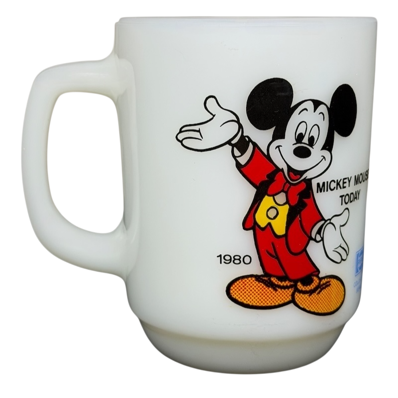 Vintage Mickey Mouse Pepsi milk glass mug featuring Mickey in a red outfit from 1980