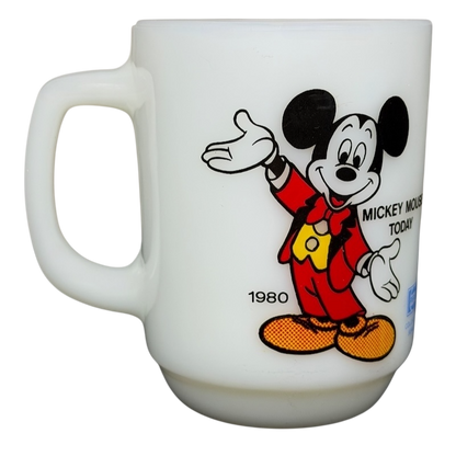 Vintage Mickey Mouse Pepsi milk glass mug featuring Mickey in a red outfit from 1980