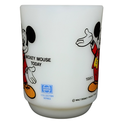 Vintage Mickey Mouse Pepsi milk glass mug featuring Mickey Mouse holding a sign from 1980