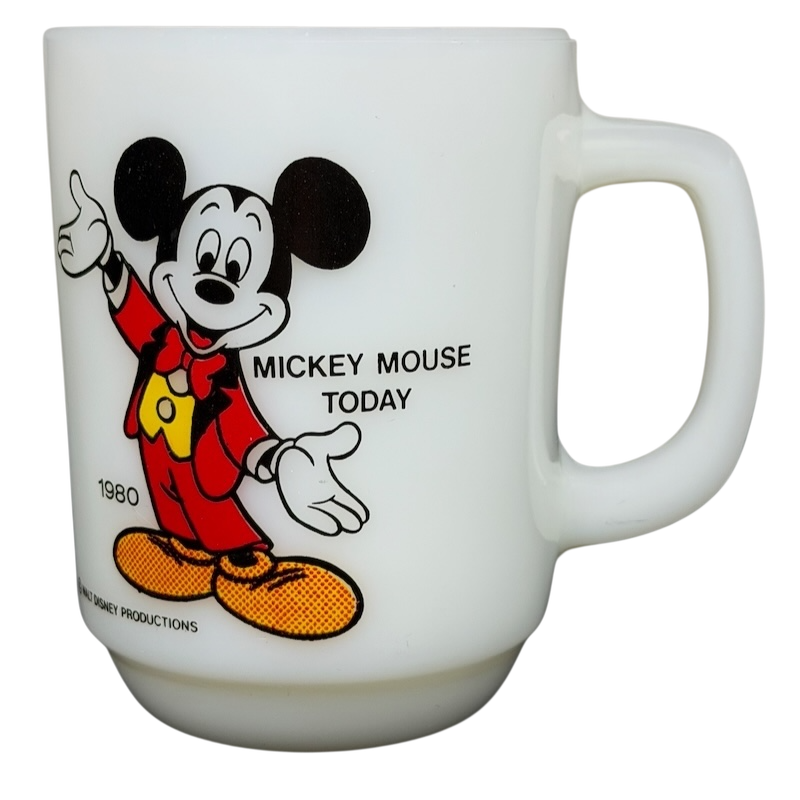 Vintage Mickey Mouse Pepsi milk glass mug featuring Mickey Mouse in red outfit and text from 1980
