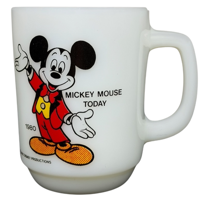Vintage Mickey Mouse Pepsi milk glass mug featuring Mickey Mouse in red outfit and text from 1980