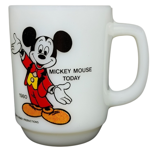 Vintage Mickey Mouse Pepsi milk glass mug featuring Mickey Mouse in red outfit and text from 1980