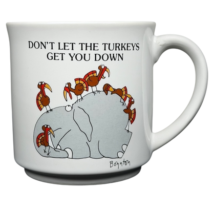 Sandra Boynton Don't Let The Turkeys Get You Down vintage mug featuring elephants and turkeys in a playful design