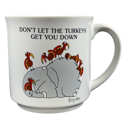 Sandra Boynton Don't Let The Turkeys Get You Down vintage mug with playful cartoon design and cheerful elephants