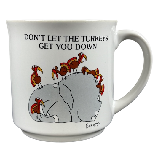 Sandra Boynton Don't Let The Turkeys Get You Down vintage mug with playful cartoon design and cheerful elephants